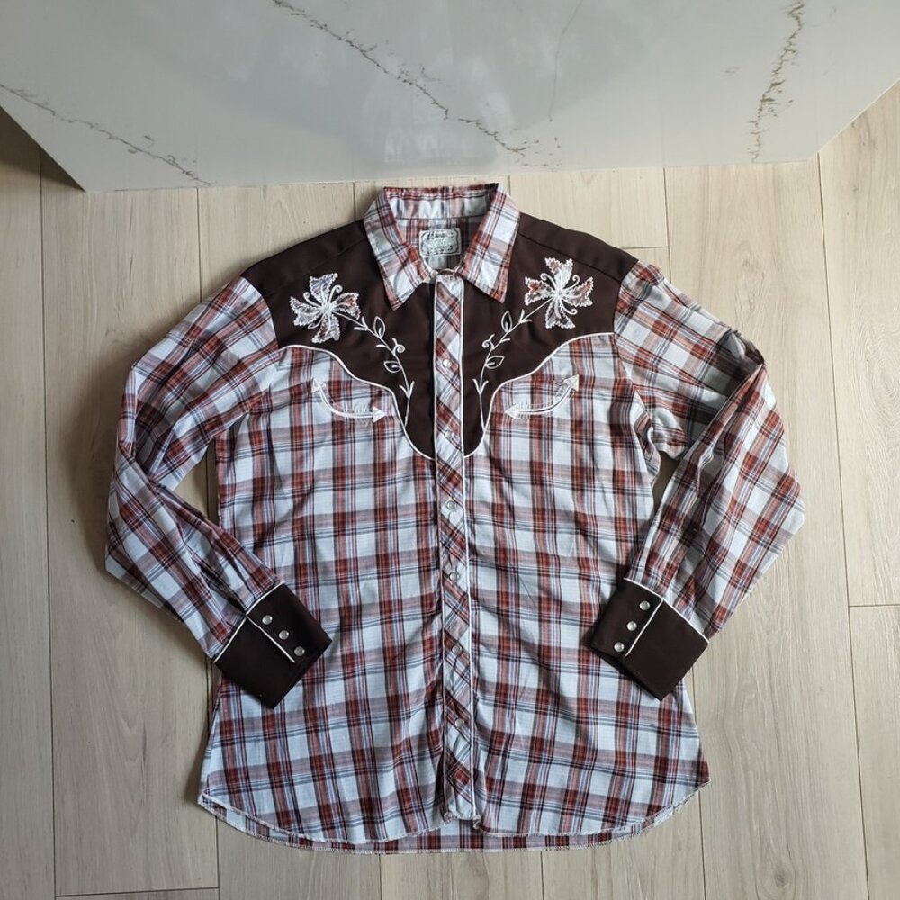 VTG H Bar C Ranchwear Western Shirt Mens L Brown Plaid Pearl Snap Embroidered